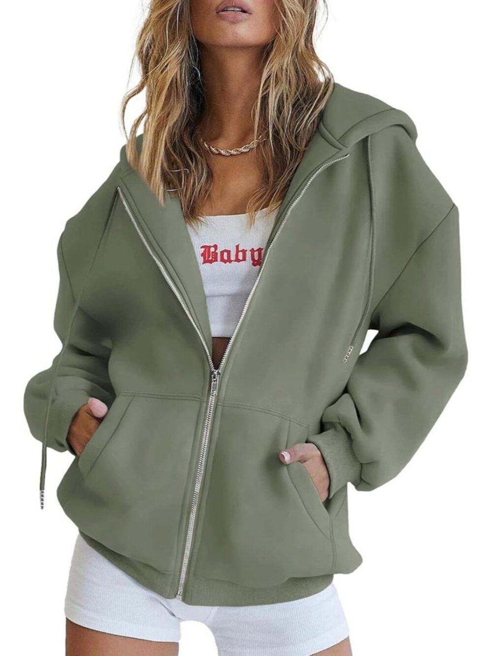 Women's Grey Green Long Sleeve Pockets Zip Up Hoodies Sweatshirts Track Jackets